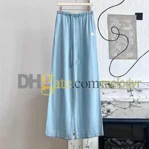 Blauwe brede pootbroek glanzende strass lange rechte denim broek zomer ademende brief elastische taille jeans voor vrouwen