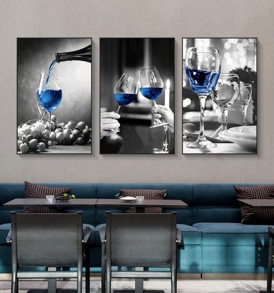Verre à vin bleu toile impressions d'art affiche moderne mur photo Bar Restaurant cuisine décoration murale salle à manger salon Decor4984601