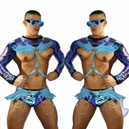 Blue Wing Chest Straps Sexy Pole Dance Costume Laser Tops Court Gogo Dancer Stage Outfit Adulte Clubwear Rave Vêtements VDB7256 q8Dr #