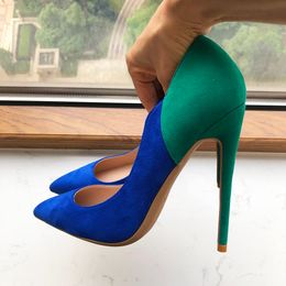 Bleu avec vert Patchwork daim femmes chaussures créateur de mode marque rouge bas élégant bout pointu chaussure à talons hauts sexy escarpins aiguilles robe de soirée 12/10/8 cm