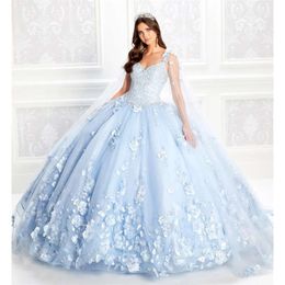 Blauw met lichte jurken wrap bal quinceanera jurk appliqued kant zoete 16 jurk op maat gemaakte tule sweep trein maskerade jurken s s