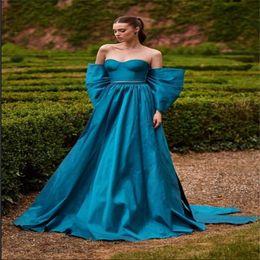 Robe de soirée longue bleue pour femmes, sans bretelles, ligne A, avec nœud, sans manches, robes de bal de luxe, 2023