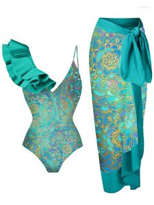 Blue Women's Swimsuit Gold Print Deep V Sexy One-Piece Bikini Shoulder Lace Plises con una larga correa para encubrir