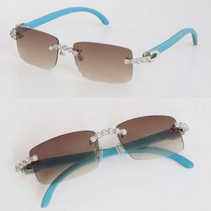 Bleu En Bois Sans Monture Moissanite Diamant Ensemble Lunettes De Soleil Femme Carré 8200757 Lunettes En Bois Hommes Célèbre Vintage Lunettes De Soleil Femme Lunettes Or 18K Taille 57-18-140MM