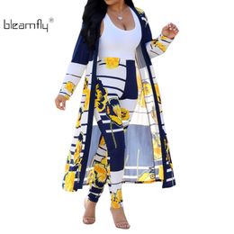 Blauw Geel Floral Print Sexy Tweedelige Set Vrouwen Zomer Volledige Mouw Gestreepte Maxi Open Stitch Hoge Taille Lange Broek Outfit