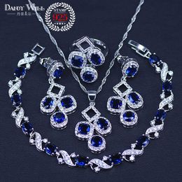 Ensemble de bijoux de mariée en Zircon bleu, couleur argent, pendentif, collier, bague, boucles d'oreilles avec pierres naturelles, Bracelets, boîte cadeau H1022