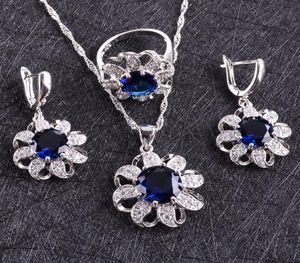 Bleu Zircon Costume argent 925 ensembles de bijoux femmes boucles d'oreilles avec pierres Bracelets collier pendentif anneaux ensemble bijoux boîte-cadeau CX204090436