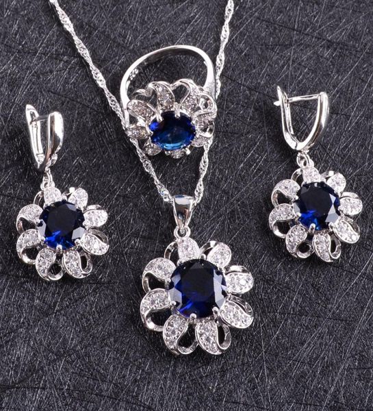 Bleu Zircon Costume argent 925 ensembles de bijoux femmes boucles d'oreilles avec pierres Bracelets collier pendentif anneaux ensemble bijoux boîte-cadeau CX209017960