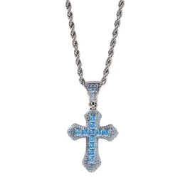 Collier croix Zircon bleu mode Hip Hop lourd chaîne de chandail clouté de diamants lourds