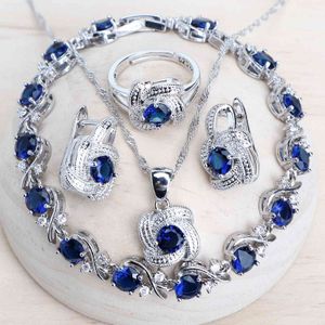 Blue Zirconia Dames Sieraden Sets 925 Sterling Sier Bruiloft Bridal Kostuum Sieraden Oorbellen Ringen Armbanden Hanger Ketting