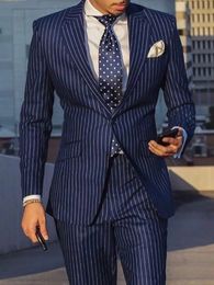 Trajes de hombre a rayas azules y negros de 2 piezas, esmoquin de negocios para fiesta de bodas, ropa Formal para novio, chaqueta ajustada, traje de pantalón para hombre 240122