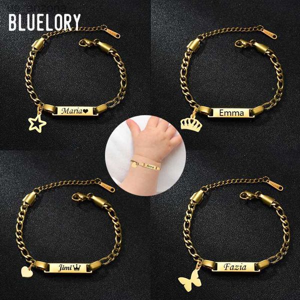 Bluelory Personnalisé Gravé Nom Bébé Bracelets Pour Enfant En Acier Inoxydable Coeur Couronne Personnalisé Bijoux Garçon Fille Cadeaux D'anniversaire L230620