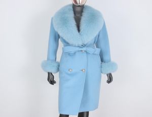 Bluenessfair Cashmere Wool mélange Real Fur Mabe Double Breasted Winter Veste Femmes Big Natural Fox Fur Collar Sorwear 2011024394144