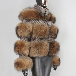 BLUSESSFAIR Winter Jacket vrouwen echte bont jas Parka natuurlijke wasbeer bont wol weven stof dik warme bovenkleding streetwear 201125