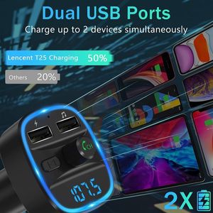 Kit de adaptador para automóvil Bluetooth 5.0 Transmisor FM Radio inalámbrica Reproductor de música Kits para automóviles Círculo azul Luz ambiental Puertos USB duales Cargador Llamadas manos libres al por mayor