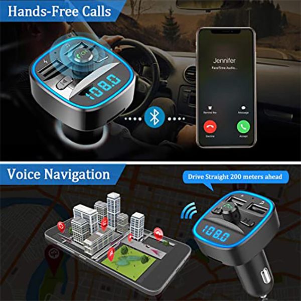 Kit adaptateur de voiture Bluetooth 5 0 Transmetteur FM Radio sans fil Lecteur de musique Kits de voitures Cercle bleu Lumière ambiante Double ports USB Charge234g