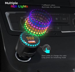 Bluetooth 5.0 Transmetteur FM de voiture Appel mains libres sans fil Lecteur MP3 7 couleurs RVB Lumières 2 USB Charge rapide Accessoires de voiture DHL FEDEX