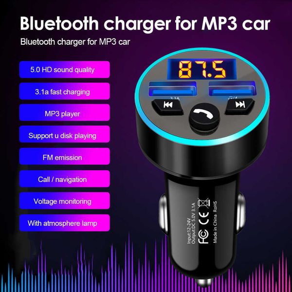 Bluetooth 5 0 QC 3 0 3 1A Charge rapide carte TF u-disk lecteur MP3 accessoires de téléphone transmetteur FM chargeur de voiture lumière LED Ring2269