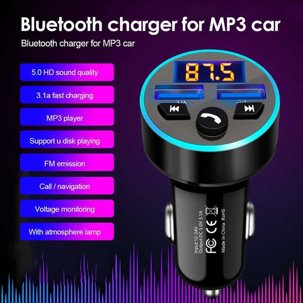 Bluetooth 5 0 QC 3 0 3 1A Tarjeta TF de carga rápida U-Disk Reproductor de MP3 Accesorios para teléfono Transmisor FM Cargador de coche Luz LED Ring242p