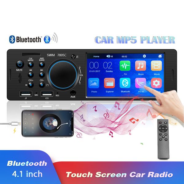 Autoradio con Bluetooth, Radio Estéreo para coche, pantalla táctil, FM, entrada auxiliar, SD, USB, AUX, 12V, en el tablero, 1 din, 4,1 