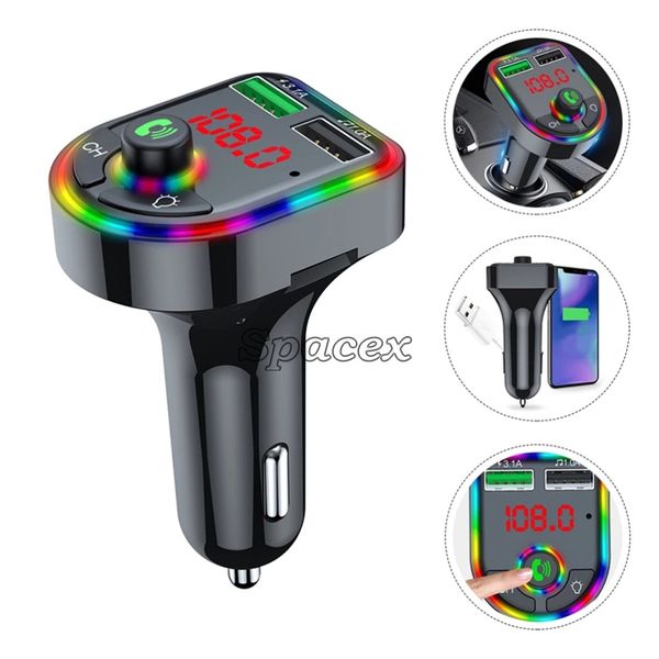 Bluetooth Car F6 Auto BT 5.0 Transmisor FM Adaptador de manos libres RGB Atmósfera Lámpara de luz Receptor de audio con caja al por menor