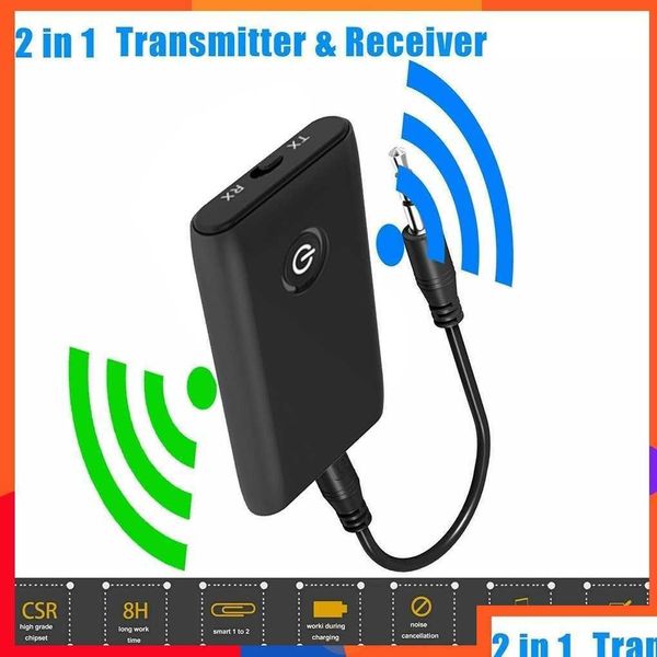 Kit de voiture Bluetooth 2-en-1 Tête sans fil compatible 5.0 Ordinateur Répéteur TV 3,5 mm Haut-parleur Aux Hifi Musique Adaptateur Drop Delivery Mobile Dhk6K