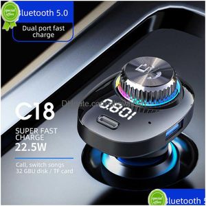 Bluetooth Fm-zender Adapter Auto 22,5 W Snel opladen Draadloos Handen bellen met dubbele USB Type-C oplader Mp3-muziekspeler Drop Delive