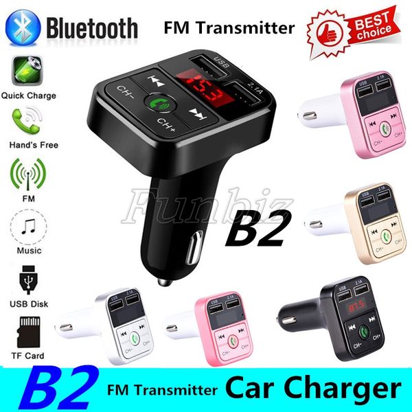 Auriculares Bluetooth B2 Bluetooth Transmisor FM para coche Kit manos libres Bluetooth para coche Adaptador de música Cargador USB Reproductor Mp3 Kits de radio 50 piezas