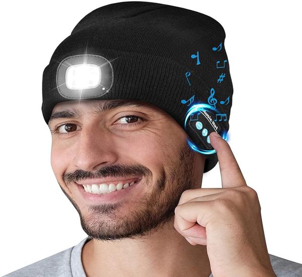 Bluetooth LED Beanie Hat avec 5 LED Haut-parleur stéréo intégré et micro USB Lampe frontale rechargeable Casque Torche Chapeau de musique Cadeau6022430