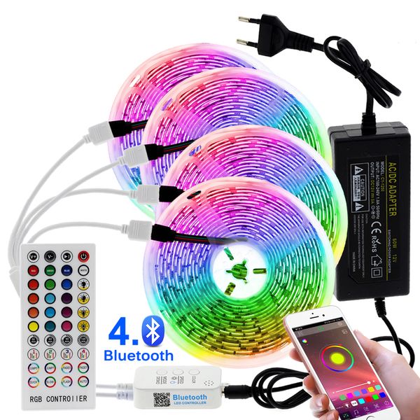 Tira de luces LED con música Bluetooth 5050, cinta Flexible RGB SMD 2835, tira fita de 5M, 10M, 15m, 20m, diodo de cinta con adaptador de corriente