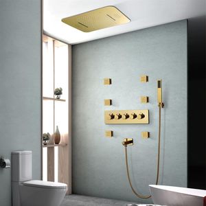 Bluetooth Muziek Douche Sets Regenval Waterval Douchekop Hedendaagse LED Douche Set Goud Kleur Thermostatische Messing Mixer261K