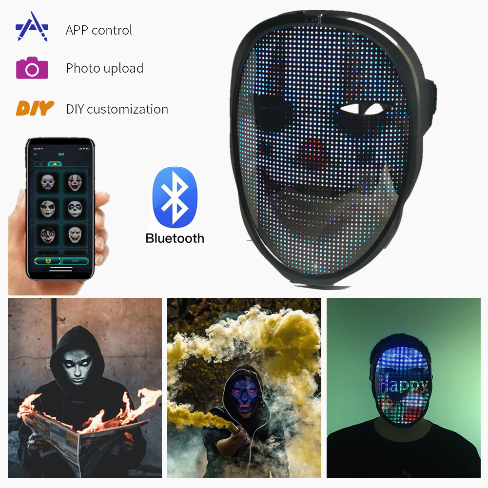 Bluetooth-app programmeerbare DIY Photo Full Color Animation Glowing LED Tekst Heren Masker Display Board Halloween Party Christmas Toy Gift