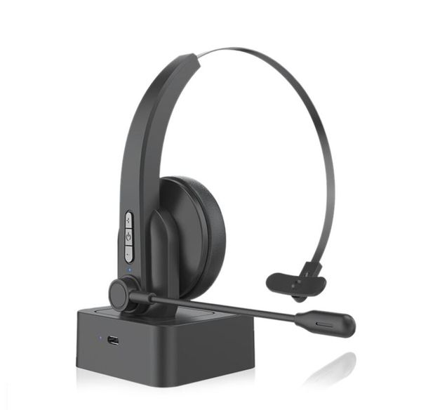 Casque sans fil Bluetooth V5.0 avec microphone appel mains libres écouteurs Base de charge pour le conducteur de camion Skype de bureau central