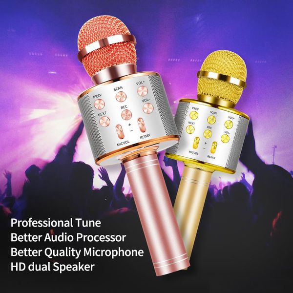 Micrófono inalámbrico Bluetooth, juguetes para niños, WS-858, micrófono de Karaoke portátil, reproductor USB KTV, Altavoz Bluetooth, micrófonos para grabar música