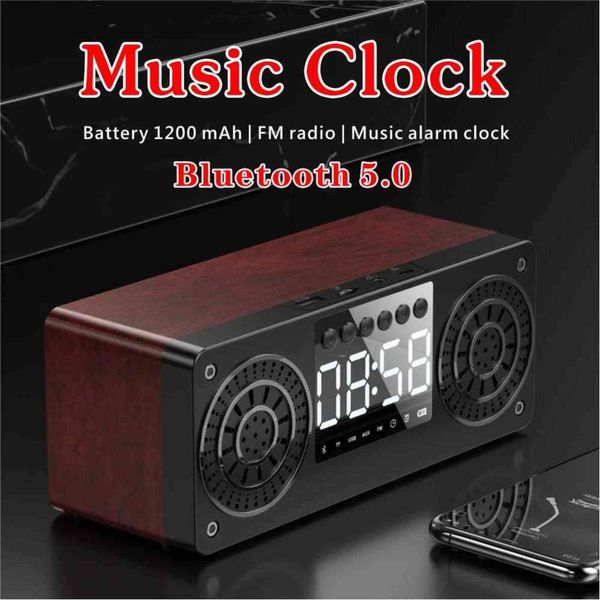 Bluetooth haut-parleur sans fil TF caisson de basses en bois LCD horloge numérique alarme de chevet décoration de table FM 211112