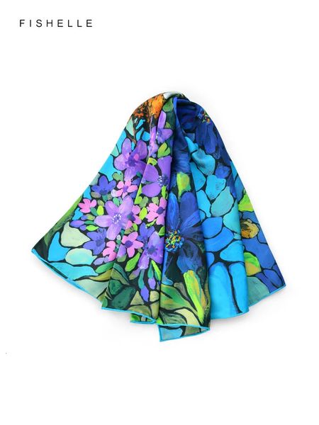 Boulout Flower Birds Painting Painting Écharrés Femmes 100% Natural Silk Twill 90 * 90 Square carré Ladies Bandana Luxury Hijab 240415