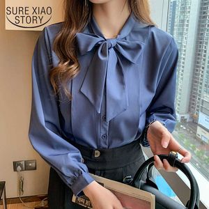 Blusa Bow V-Collar Lady's Shirt Automne Style Top Blue Lantern Manches longues Blouse en mousseline de soie à poitrine unique OL Style 10693 210528
