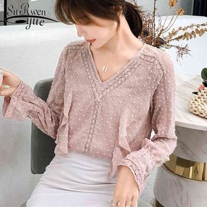 Blusa Feminina Blouses Femme Dames Tops Rose Mousseline de soie V-Cou Volants Office Lady Chemise Femme et 6690 50 210427