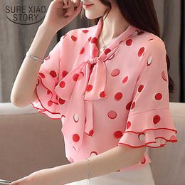 Blusas de Gasa Mujer Camiseta Blanca Mujer Plus Size Tuniek Korte Mouw Polka Dot Stand Flare Sleeve Chiffon Blouse 4198 50 210528