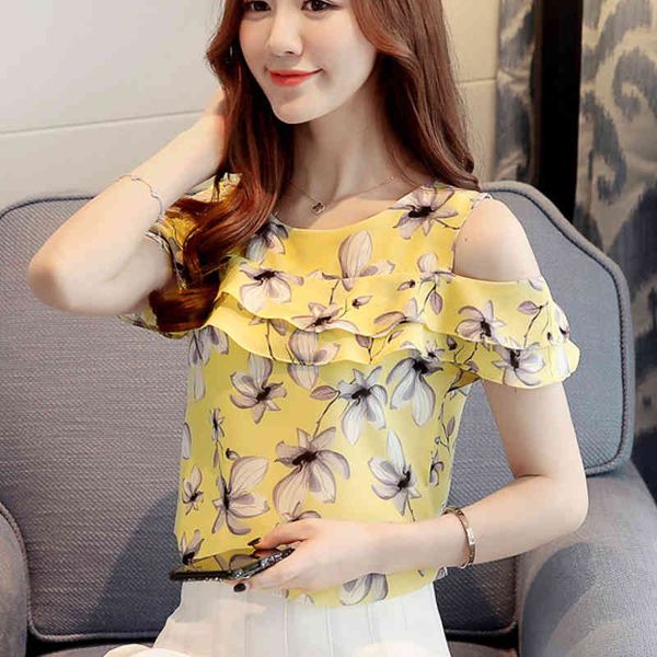 Blusas Femininas Elegante Hollow Out Off Shoulder Frauen Bluse Kurzarm Blume bedruckt Rüschen Chiffon Tops 956i 210420