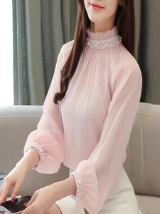 Blusas Mujer de Moda 2020 Beading gegolfde kraag roze chiffon blouse shirt met lange mouwen blouse vrouwen dames tops en blouses c7004591594