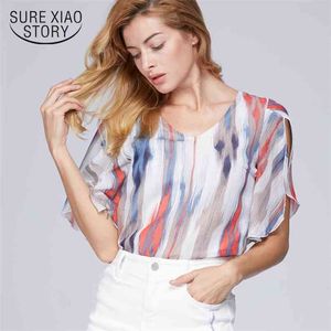 Blusas mujer de moda à manches courtes été hauts vêtements femmes chemises rayé en mousseline de soie blouse femmes et chemisiers 0498 50 210506