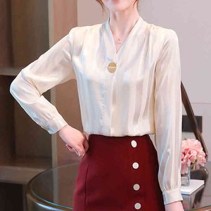 Blusas Mujer Gestreepte V-hals Lange mouwen Dameskleding Satijn Blouse Vintage Femme Elegante Imitatie Zijde Shirts 622E 210420