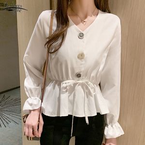 Blusas mujer Vintage col en v manches évasées en mousseline de soie Blouse femmes chemise élégante avant boutons taille mince volants femme 10568 210521