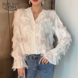 Blusas para mujer lente losse vrouwen shirts blouses lange mouw witte blouse revers veer kwast chiffon shirt tops 12692 210528