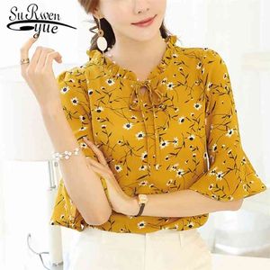 Blusas Plus Taille Mode Femmes Tops et chemisiers Summer Lady Tops Chemisier en mousseline de soie imprimé floral Bow Neck Shirt à manches courtes 210323