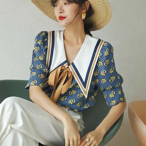 Blusas Blusa vintage Tops de verano Camisa con cuello de manga de soplo azul Mujeres Sueltas Casual Ladies Tie Top Ropa de moda coreana 14636 210527