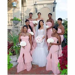 Blush 2021 Eenvoudige roze zeemeermin bruidsmeisje jurken Lange bruiloftsfeestjurken Ruches ruches elastische satijnen avondjurk