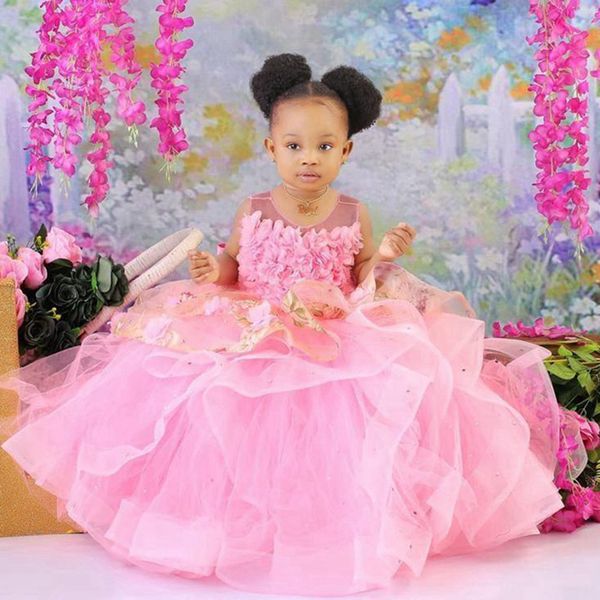 Blush robes de fille de fleur col transparent à plusieurs niveaux robes de bal en tulle robe de demoiselle d'honneur princesse reine robe de fête d'anniversaire robes pour petits enfants mariage NF067