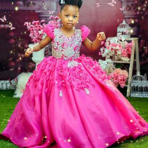 2023 Fuchsia cristaux robes de fille fleur robe de bal TULLE V-COLLE PÉGE VINTAGE Little Girl Peagant Robe Robes ZJ405